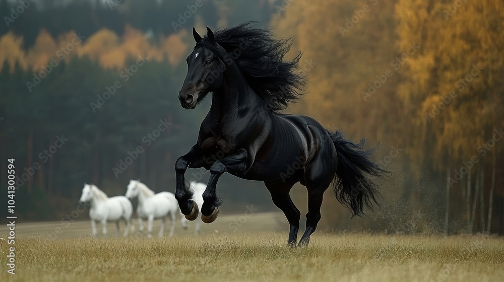 Black Frisian stallion running with white horses in the background. Black Frisian stallion running with white horses in the background.