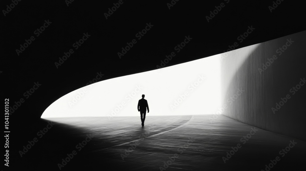 Person walking into tunnel, fading light to darkness, uncertainty, unknown future Person walking into tunnel, fading light to darkness, uncertainty, unknown future