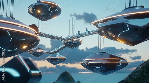 Floating Metallic Islands in a Futuristic Sky with Glowing Bridges