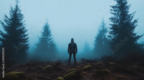 Lonely figure standing in misty forest, solitude, abandonment in nature.