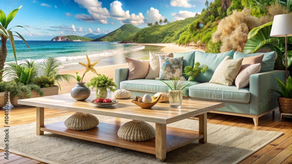 Fototapeta premium Creative Coffee Table with Coastal Island Landscape Design Featuring Relaxing Beach Vibes and Contemporary Decor for Stylish Living Spaces in a Modern Home