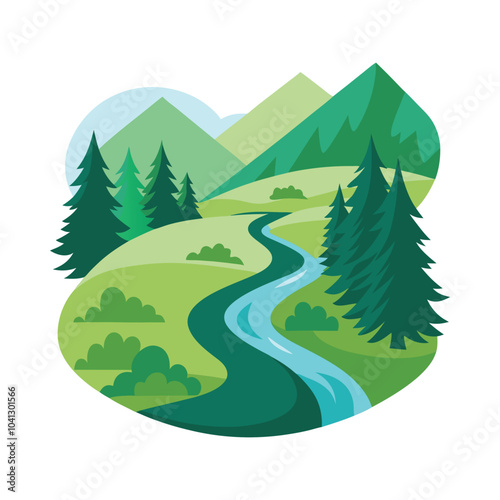 Beautiful mountain river vector illustration featuring lush green hills, tall pine trees, and  waters