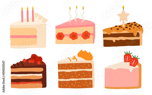 Birthday cake slices set. Sweet holiday bakery pieces collection. Pastry chocolate fruit, berry dessert with candles for breakfast. Vector hand drawn flat cartoon illustration
