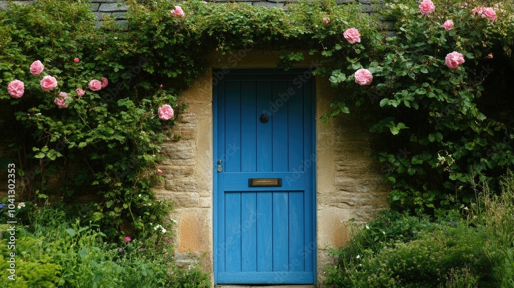 A blue door and climbing roses frame the cozy stone entryway of a countryside cottage, capturing the essence of rural charm.