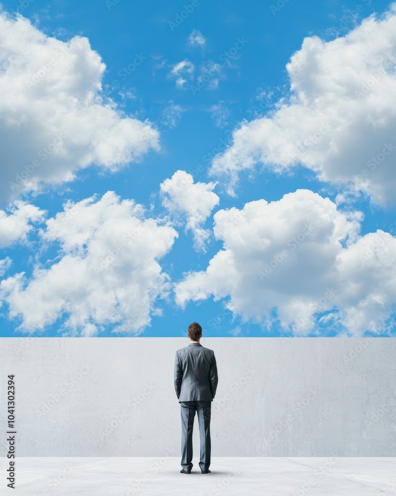 A businessman gazes at a clear sky, contemplating possibilities and opportunities on a bright day. A businessman gazes at a clear sky, contemplating possibilities and opportunities on a bright day.