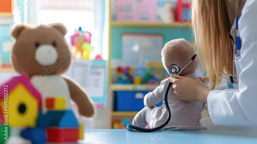 A pediatrician checking a child's vital signs with a stethoscope in a colorful pediatric office, with toys and medical charts visible, Child-friendly style