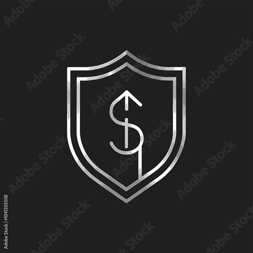 Silver Shield with Dollar Sign and Upward Arrow Icon Representing Financial Security. A stylized silver-toned graphic of a shield enclosing a dollar sign with an upward-pointing arrow