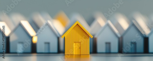 A yellow miniature house stands out among blurry houses in the background, symbolizing uniqueness and homeownership.