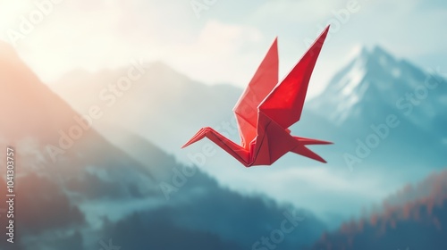 Red Origami Crane in Flight