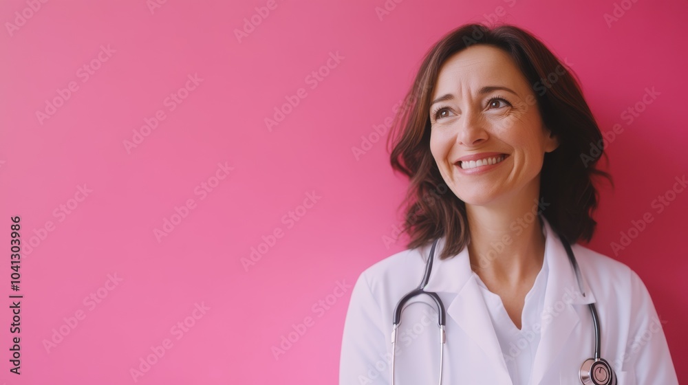 Confident female doctor smiling against pink background Confident female doctor smiling against pink background