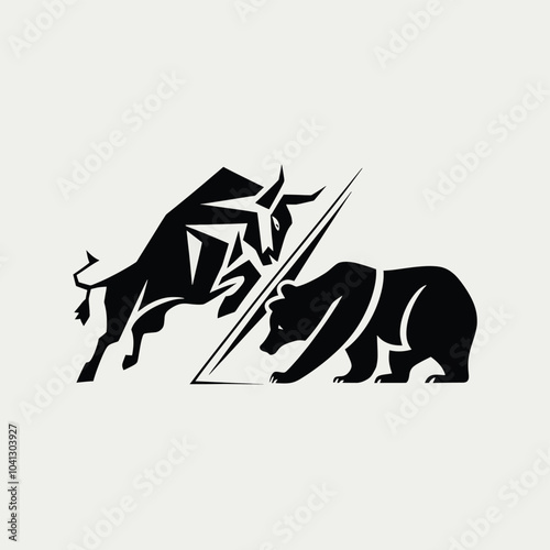 Bull and Bear Market Conflict Vector Graphic. This vector graphic depicts a bull and a bear in a dynamic confrontation symbolizing the bull (upward) and bear (downward) market trends in finance