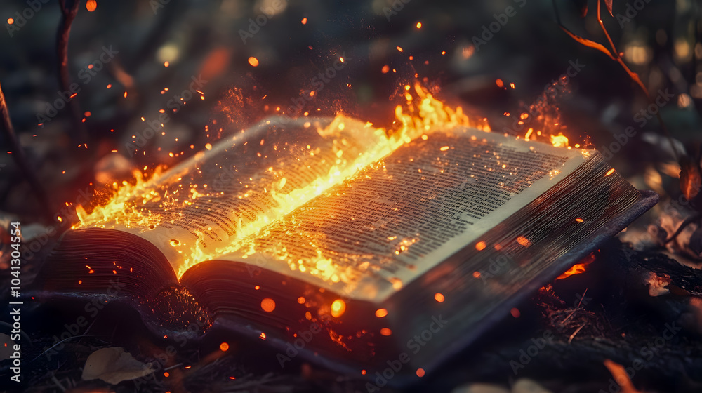 Fototapeta premium Enchanted Book with Fiery Flames in Forest