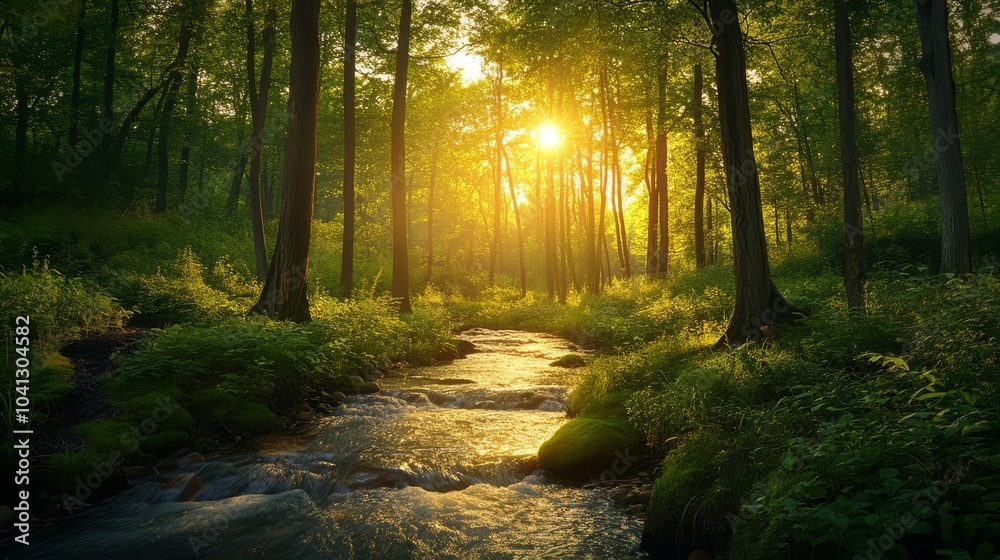 Obraz premium Serene Forest Stream at Sunset
