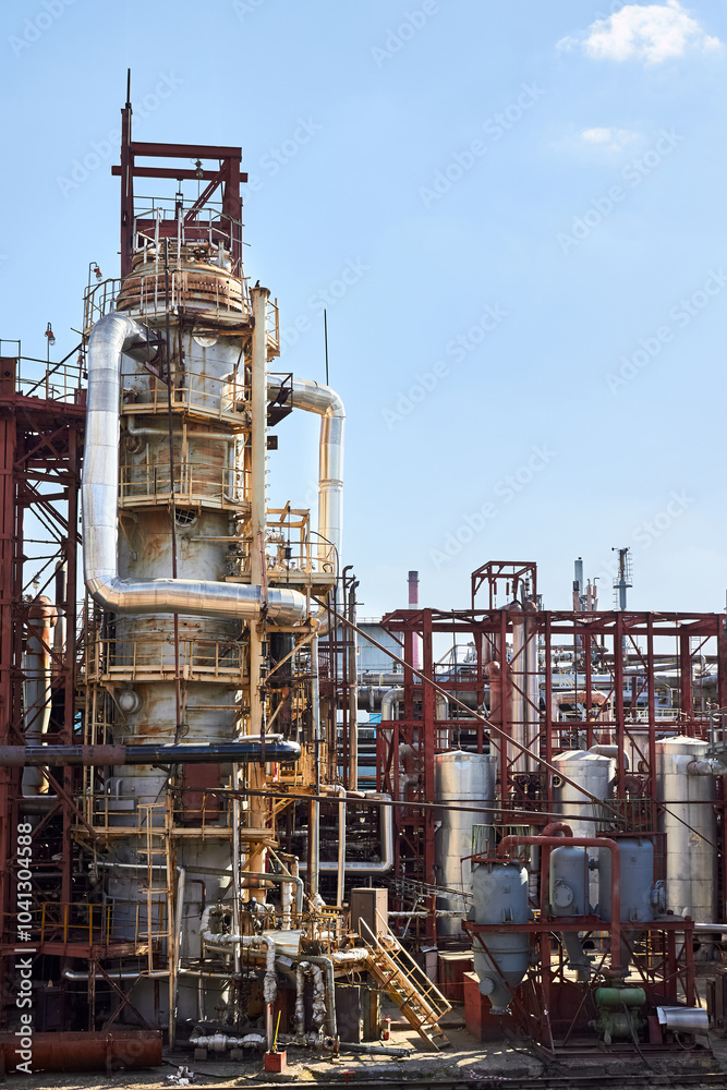 Old distillation column towers and reactors under blue evening sky background at chemical plant. Exterior of silver metal rusty enterprise with copyspace. Old distillation column towers and reactors under blue evening sky background at chemical plant. Exterior of silver metal rusty enterprise with copyspace.