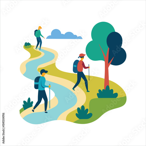 Group of Hikers Walking Along River Trail with Backpacks in Nature
