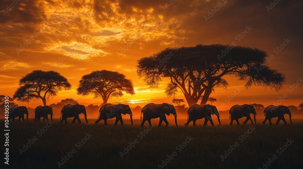 A majestic herd of elephants silhouetted against a fiery sunset sky, crossing the savanna with iconic acacia trees in the background A majestic herd of elephants silhouetted against a fiery sunset sky, crossing the savanna with iconic acacia trees in the background
