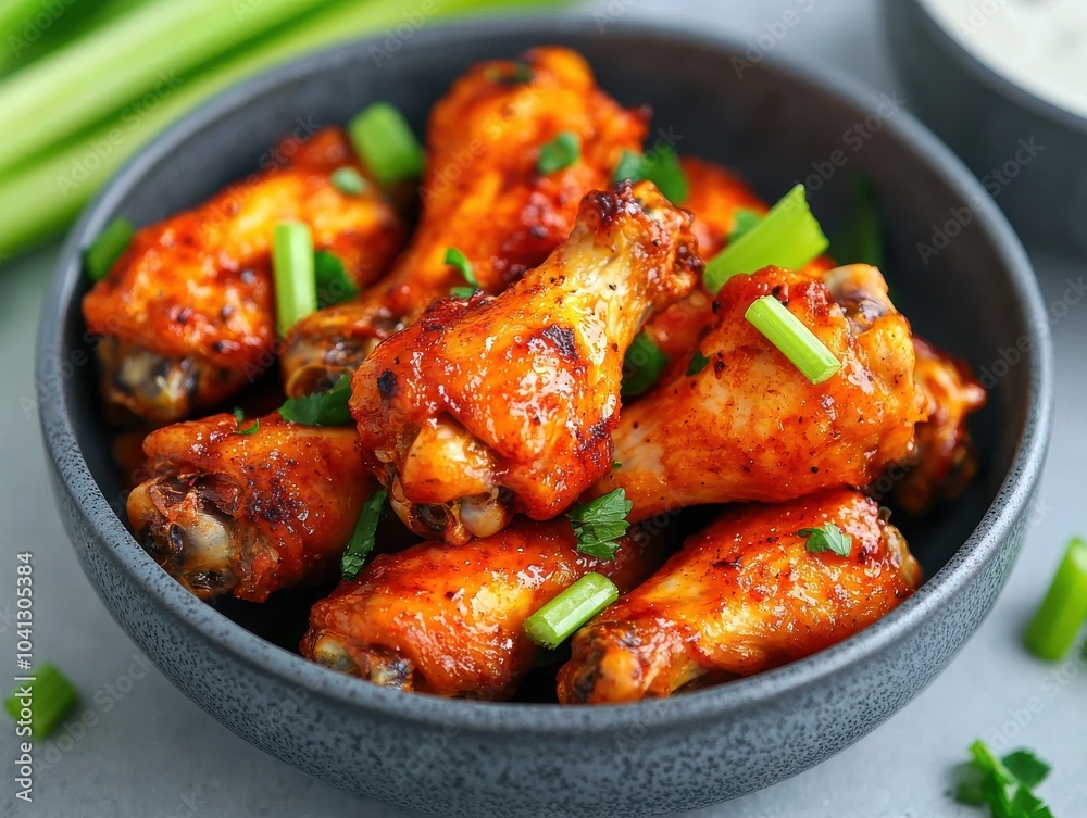Delicious spicy chicken wings garnished with green onions, served in a bowl for a tasty snack or meal. Delicious spicy chicken wings garnished with green onions, served in a bowl for a tasty snack or meal.