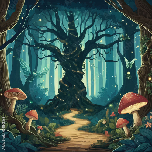 Mystical woodland with ancient trees lush vegetation and sparkling fairy lights background