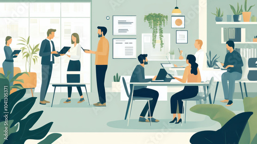 Diverse professionals collaborating in a vibrant open-plan workspace: Emphasizing teamwork with digital interfaces, ergonomic design, and an inspiring atmosphere for innovation.