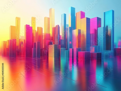 Transform an abstract cityscape into a futuristic world, blending vibrant gradient hues seamlessly, capturing urban creativity and dynamic flow, in a 3D illustration