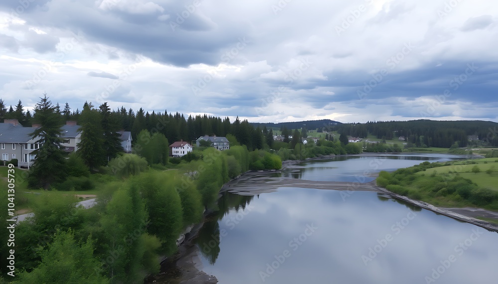 Serene River Landscape with Houses and Green Trees... Serene River Landscape with Houses and Green Trees...