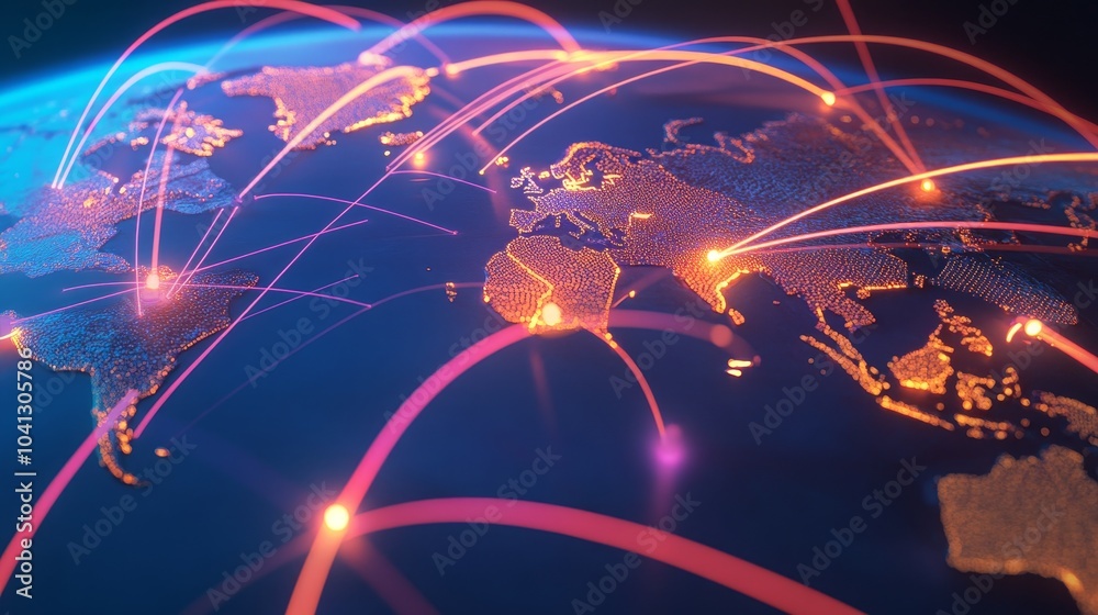 Global map with glowing arrows showcasing economic policy impact on supply routes, in 3D. Global map with glowing arrows showcasing economic policy impact on supply routes, in 3D.