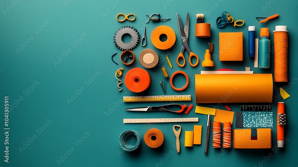 Fototapeta premium Layered cross section of a craft box showcasing a neat arrangement of scissors glue and colorful papers the perfect setup for creative hobbies and DIY projects