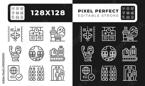 Airport services linear icons set for dark, light mode. Passenger experience and airport operations. Travel logistics. Thin line symbols for night, day theme. Isolated illustrations. Editable stroke