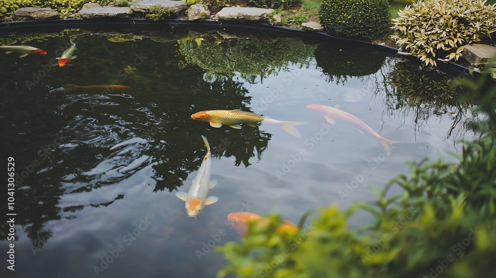 Fototapeta premium Serene Garden Pond with Koi Fish Swimming and Beautiful Reflections