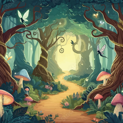 Mystical woodland with ancient trees lush vegetation and sparkling fairy lights background