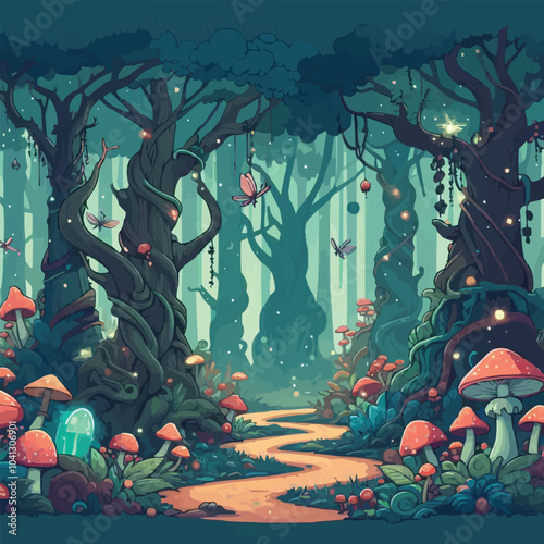 Mystical woodland with ancient trees lush vegetation and sparkling fairy lights background