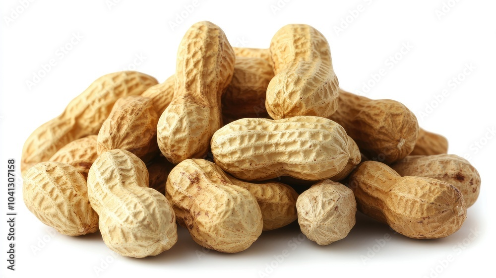 A pile of mouthwatering peanuts isolated on a white background, showcasing their natural texture and earthy tones A pile of mouthwatering peanuts isolated on a white background, showcasing their natural texture and earthy tones