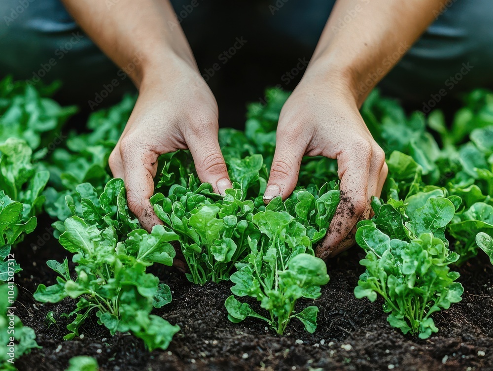 Hands tending to fresh green plants in soil, showcasing gardening and nurturing nature. Hands tending to fresh green plants in soil, showcasing gardening and nurturing nature.