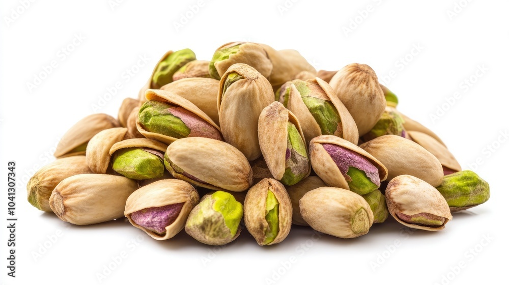A pile of unshelled pistachios resting against a plain white background, showcasing the natural textures of the nuts A pile of unshelled pistachios resting against a plain white background, showcasing the natural textures of the nuts