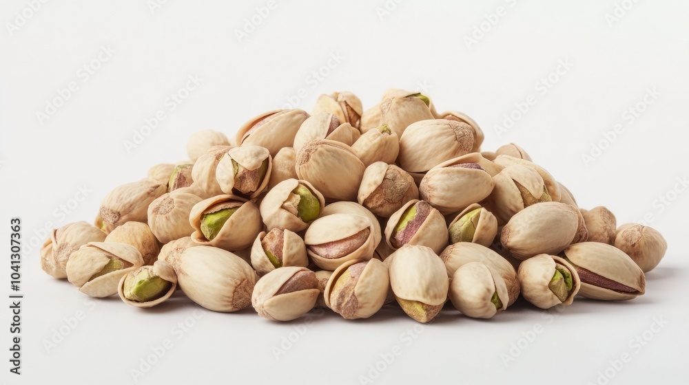 A pile of unshelled pistachios resting against a plain white background, showcasing the natural textures of the nuts A pile of unshelled pistachios resting against a plain white background, showcasing the natural textures of the nuts
