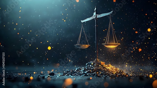 A glowing mesh balance scale tilted to one side symbolizing the concept of justice the need for fairness and equilibrium in legal and social systems