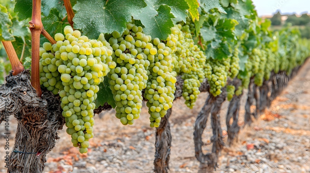 Lush green grapevine loaded with abundant clusters of ripe juicy grapes thriving in a picturesque vineyard landscape Lush green grapevine loaded with abundant clusters of ripe juicy grapes thriving in a picturesque vineyard landscape