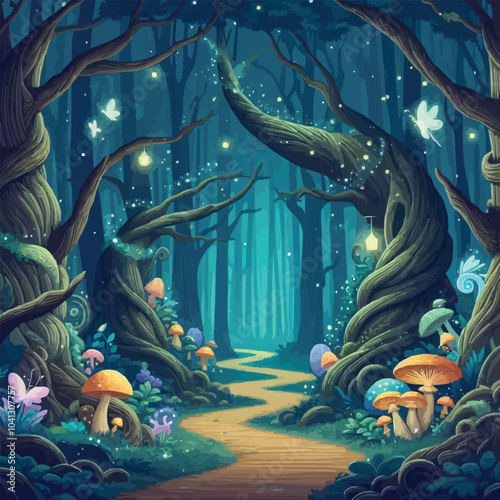 Mystical woodland with ancient trees lush vegetation and sparkling fairy lights background