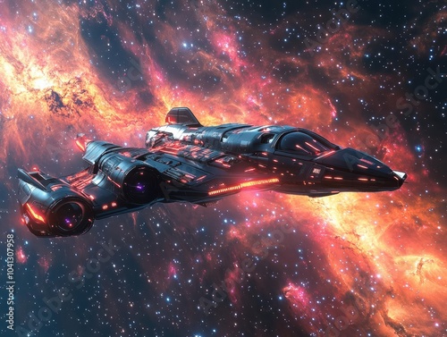 Fototapeta Naklejka Na Ścianę i Meble -  Create a dynamic, futuristic spaceship soaring through a vivid, starlit galaxy in CG 3D