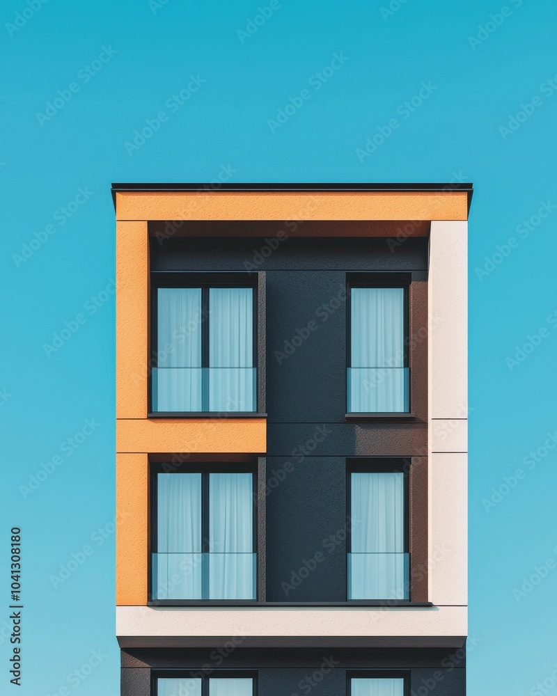 Obraz premium Modern building facade with colorful accents against a bright blue sky.
