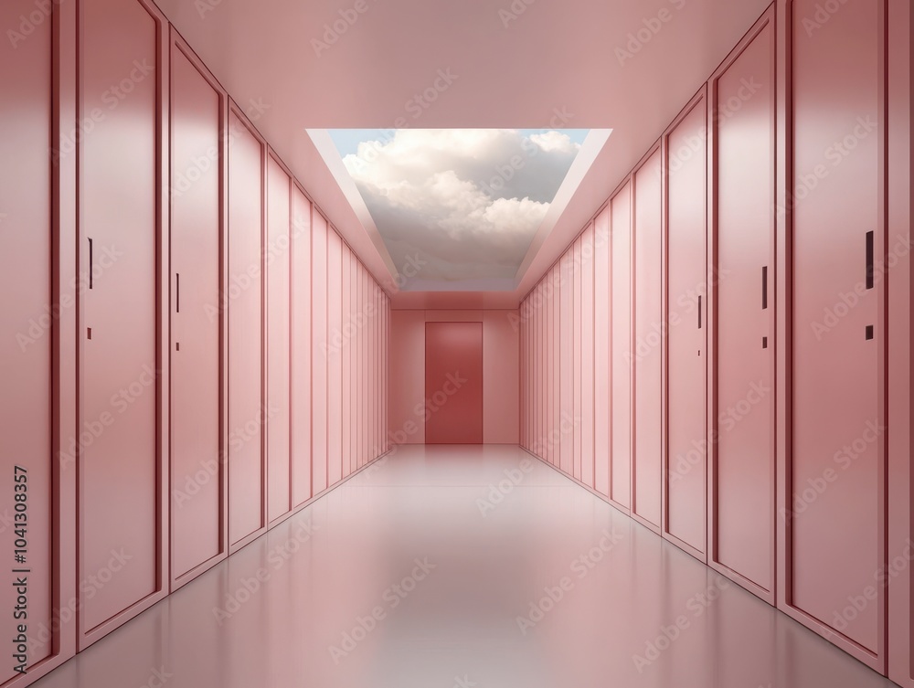 Modern hallway with pink walls and a skylight featuring clouds, creating a unique and vibrant atmosphere. Modern hallway with pink walls and a skylight featuring clouds, creating a unique and vibrant atmosphere.