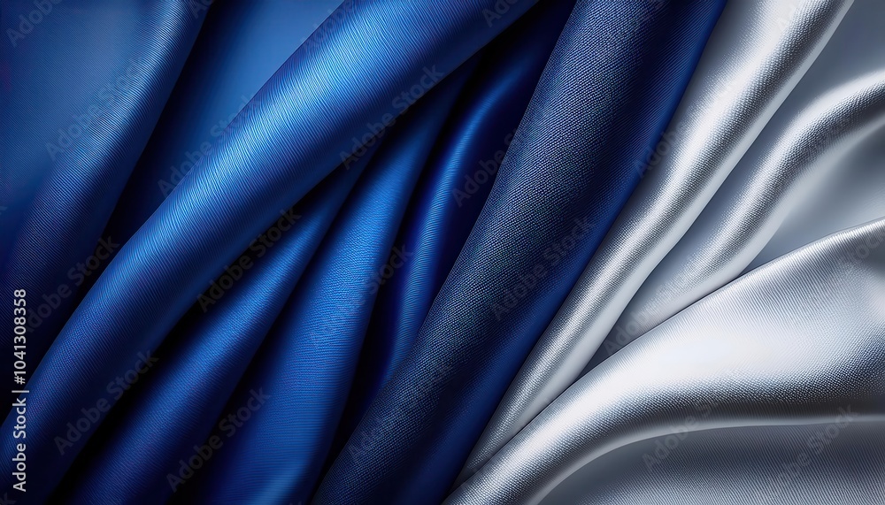 Obraz premium Flowing Elegance. Luxurious Blue and Silver Satin Textures. Perfect for Fashion Concepts, Modern Interior Design Accents, or Advertising Backdrops with Ample Copy Space for Captivating Branding