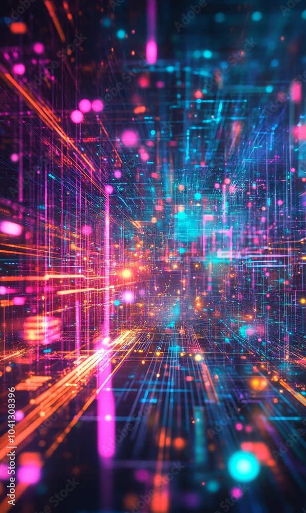 Fototapeta premium Neon lights, digital grid, glowing abstract.