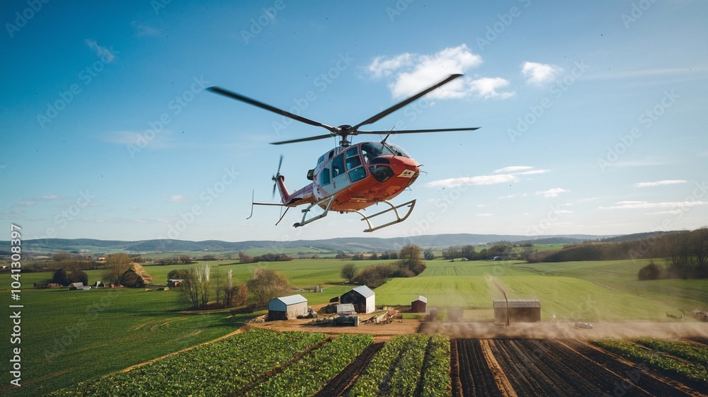 Fototapeta premium Helicopter Low Flyby Over a Rural Farm with Fields and Barns