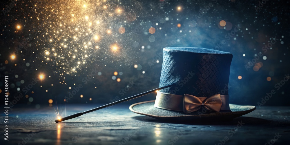 Enigmatic Magician Hat and Wand in Low Light Photography, Capturing the Mystique of Magic, Illusion, and Enchantment in a Dark Ambient Setting Enigmatic Magician Hat and Wand in Low Light Photography, Capturing the Mystique of Magic, Illusion, and Enchantment in a Dark Ambient Setting