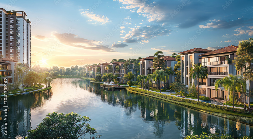 Naklejka premium Design a luxurious, nature-integrated residential condominium. a urban street with commercial buildings at the base and residential units above, along with vibrant community sports and leisure areas.