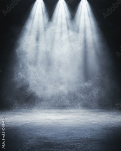 Mysterious stage with dramatic lighting and fog effects, creating an atmospheric backdrop.