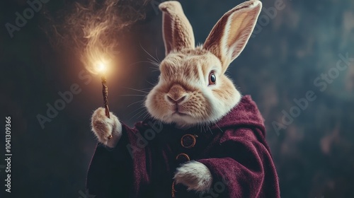 Wizard rabbit in magical Halloween costume with tiny wand photo