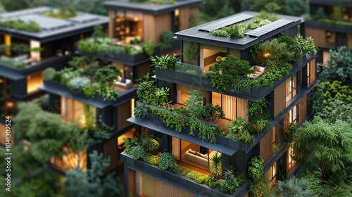 An aerial view of a modern apartment building with a green roof and lush landscaping.