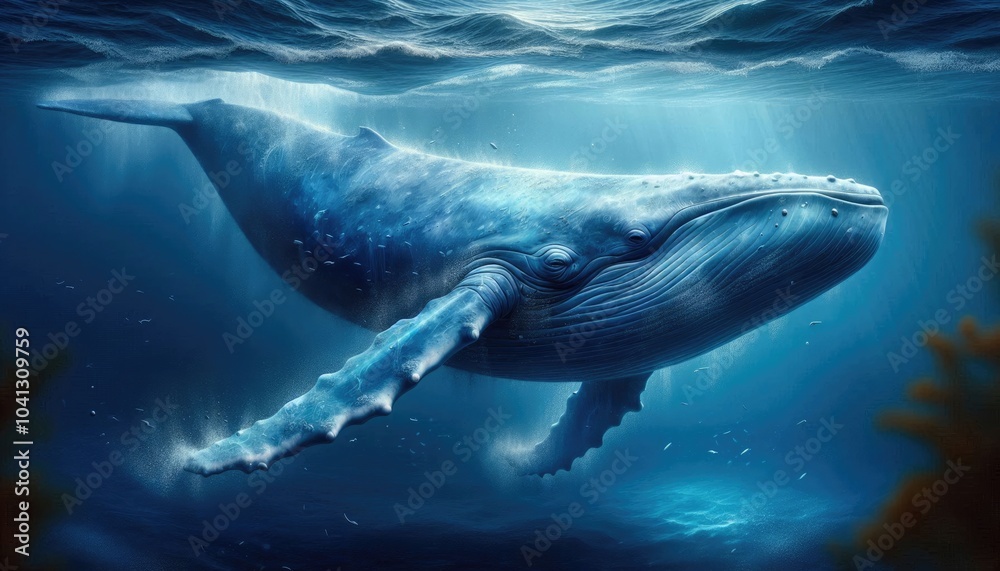 Fototapeta premium Realistic Digital Artwork of a Blue Whale Swimming Underwater, Showcasing Detailed Skin Texture, Natural Blue Tones, Ocean Depths, Water Particles, and Light Filtering Through the Water